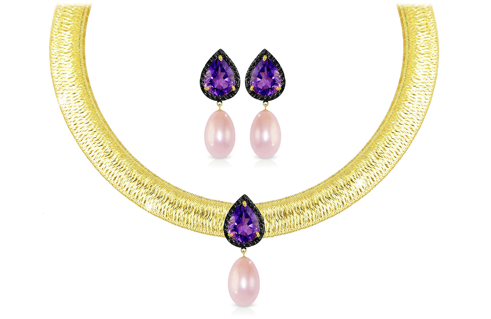 Vera Perla 18K Gold 0.36ct Black Diamonds, Amethyst and 13mm Purple Pearl Jewelry Set - 2 pcs.